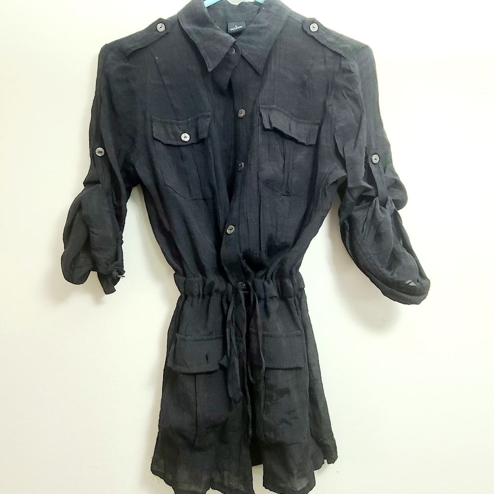 New Directions Boho Black Button Down Drawstring Waist Top Size M